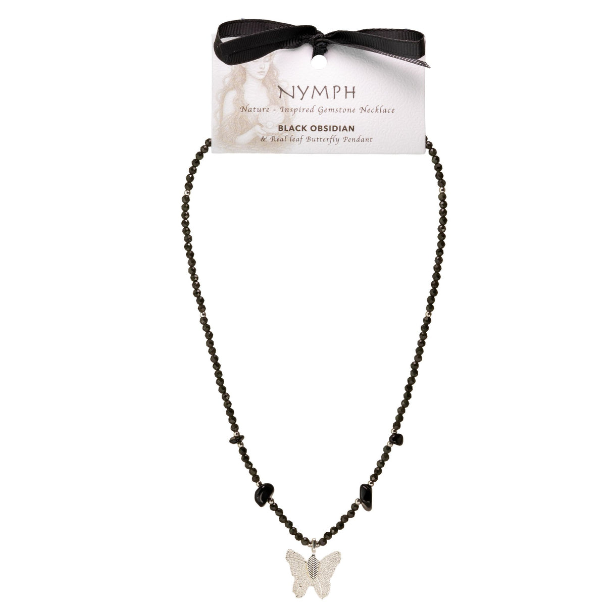 Black Obsidian butterfly pendant necklace on Nymph display card
