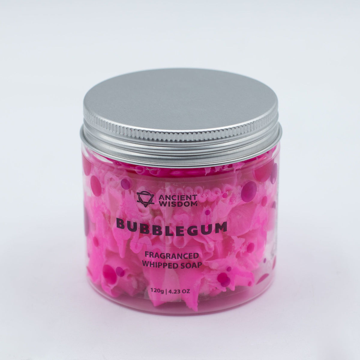 Bright pink Bubblegum Whipped Soap in a jar with silver screw-top lid