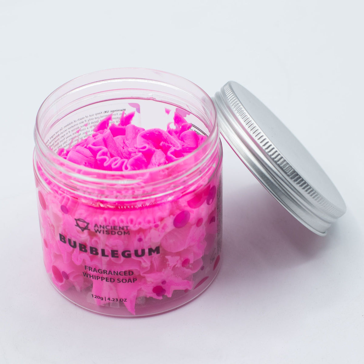 1. Open jar of Bubblegum Whipped Soap showing pink swirls and removable lid