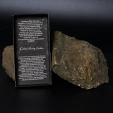 Rock with a black card detailing information about a necklace inspired by volcanic stones.