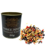 Incense container labeled 'Three Kings Incense' with incense resins on a white background