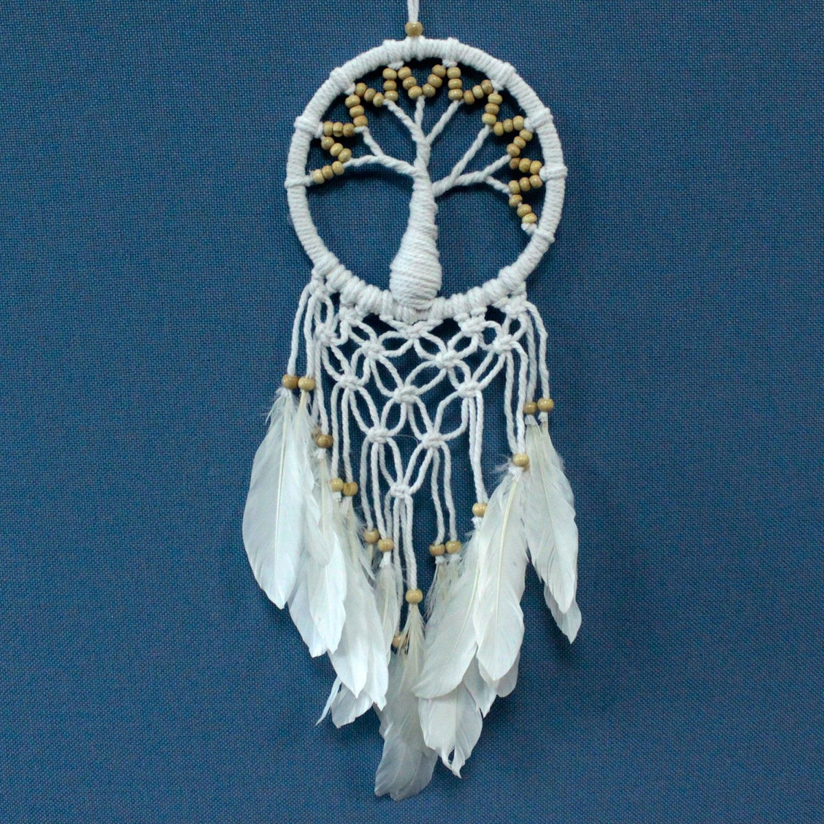 Natural Tree of Life macrame dreamcatcher with white feathers 16cm