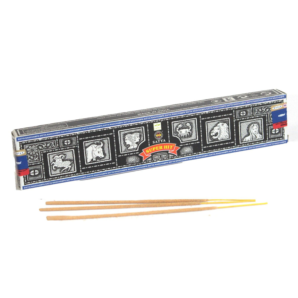 Box of incense sticks with decorative labels on a white background