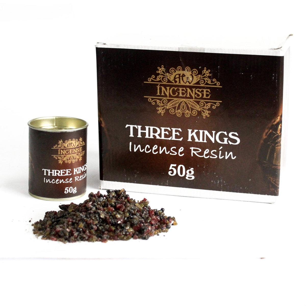Three Kings Incense Resin packaging with incense resin and canister on a white background