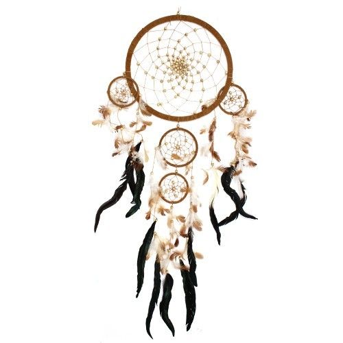 1. Cream coffee and chocolate brown dreamcatcher with hanging feathers
