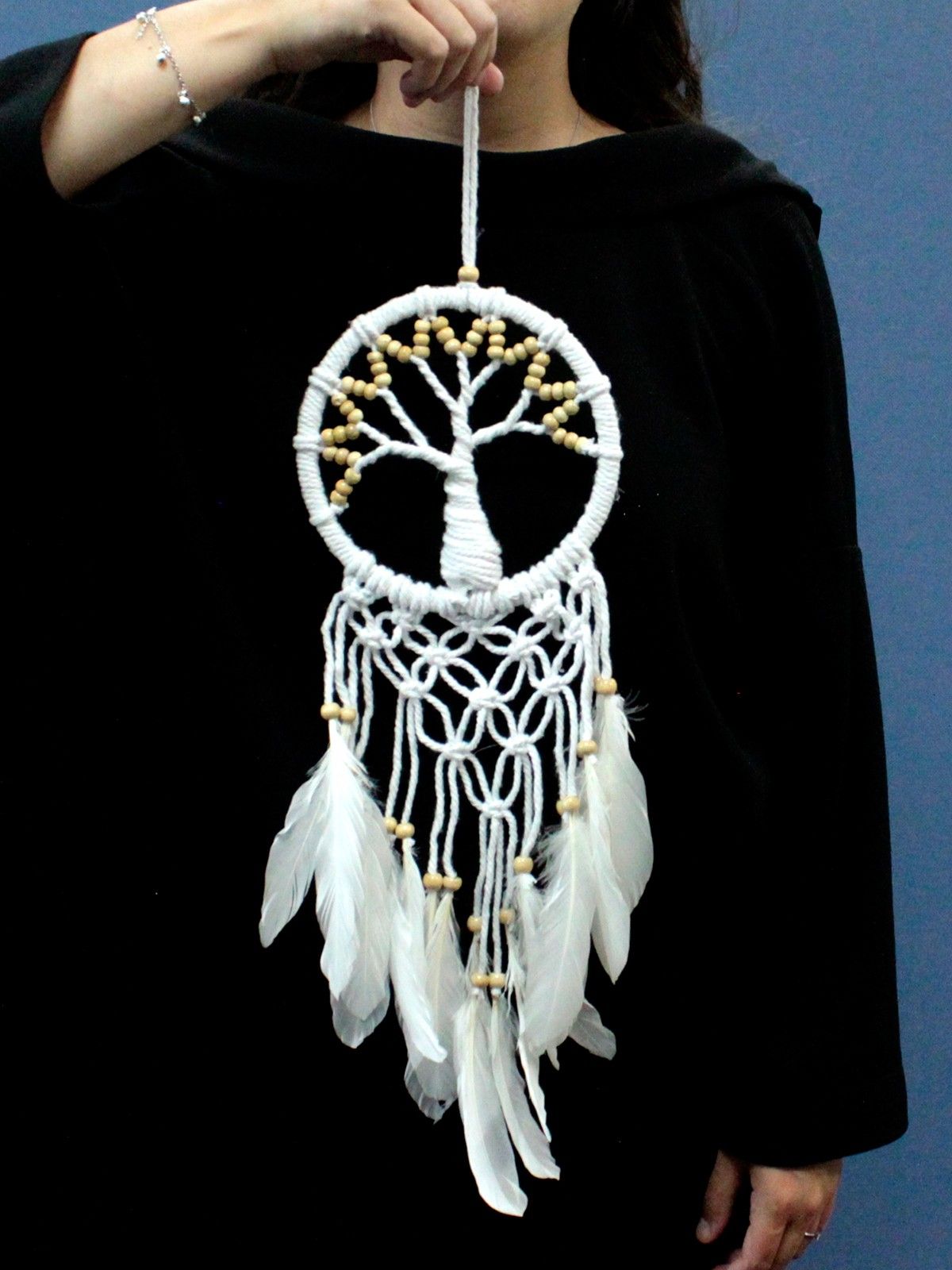 Natural macrame Tree of Life dreamcatcher showing full length