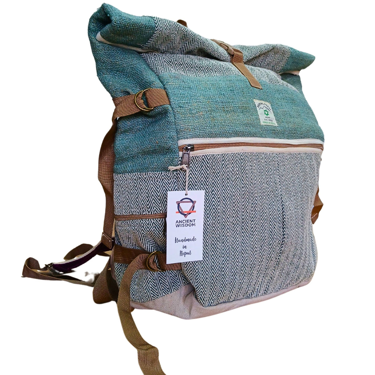 Sage green hemp and cotton roll top backpack with front zip pocket