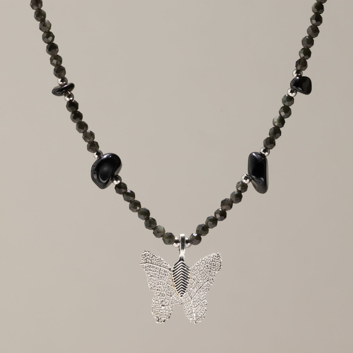 Nymph Black Obsidian gemstone necklace with silver-plated real leaf butterfly pendant
