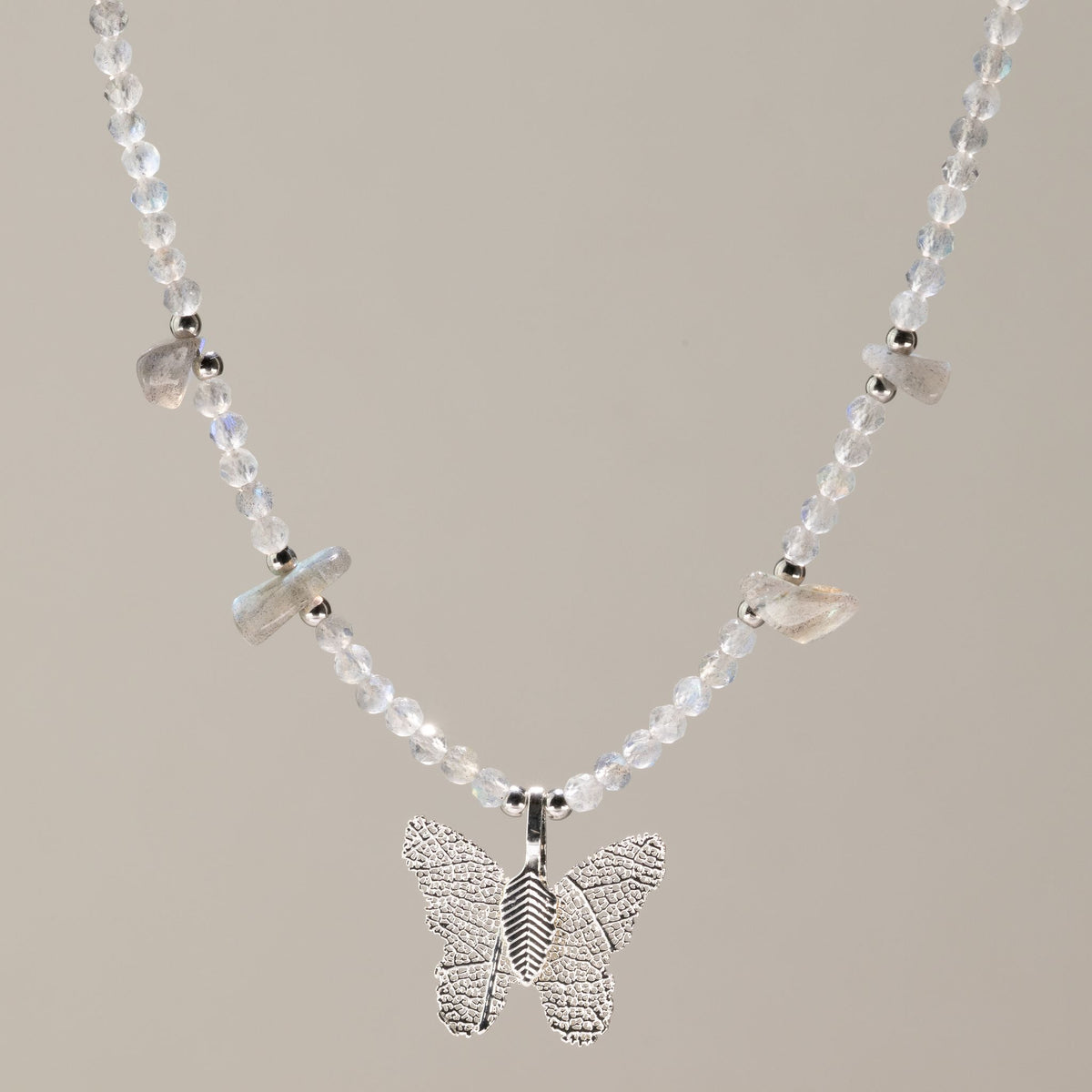 Nymph Labradorite gemstone necklace with silver-plated real leaf butterfly pendant
