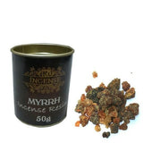 Incense resin with a black container labeled 'Myrrh Incense Resin' on a white background