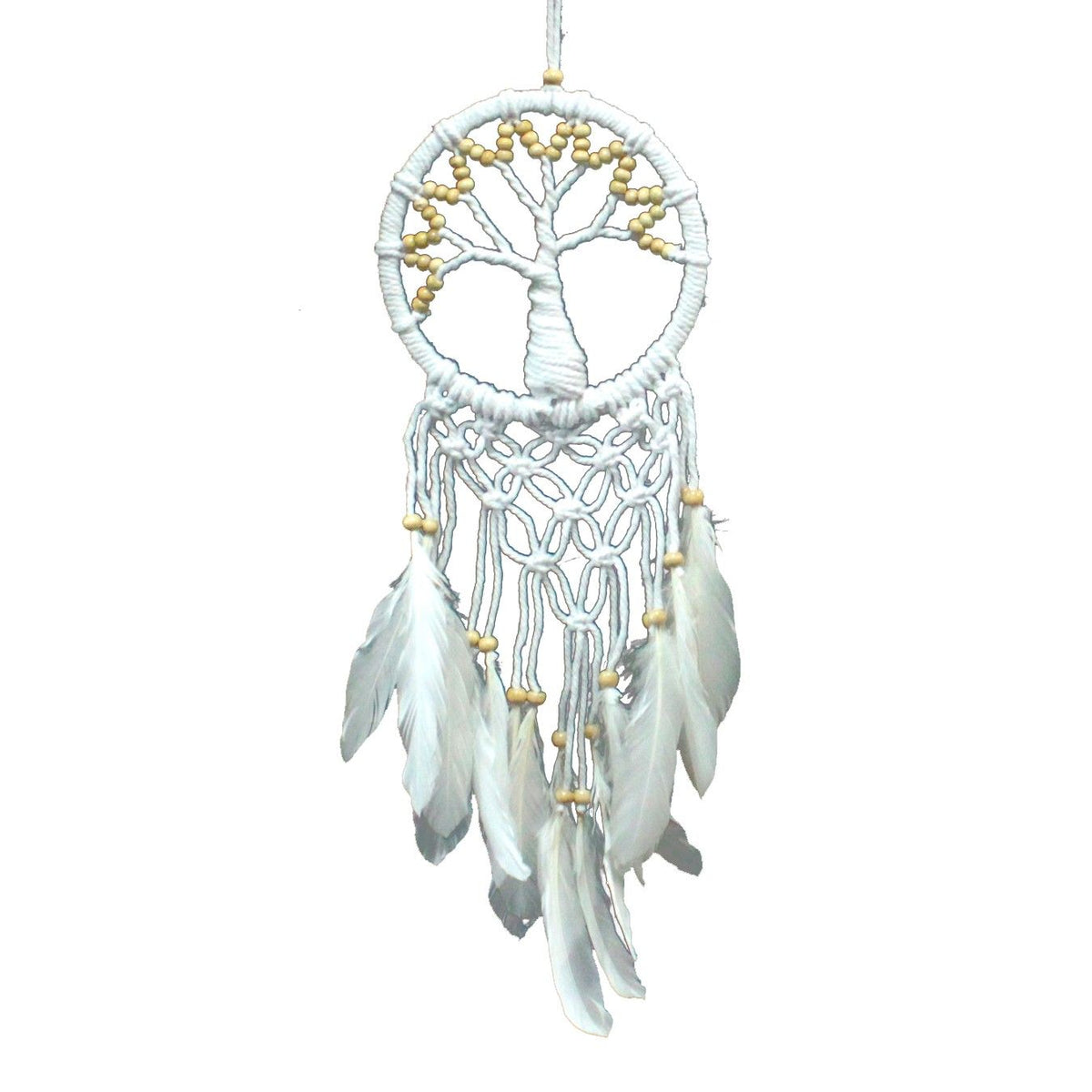 Handmade Tree of Life dreamcatcher with beads and hanging feathers