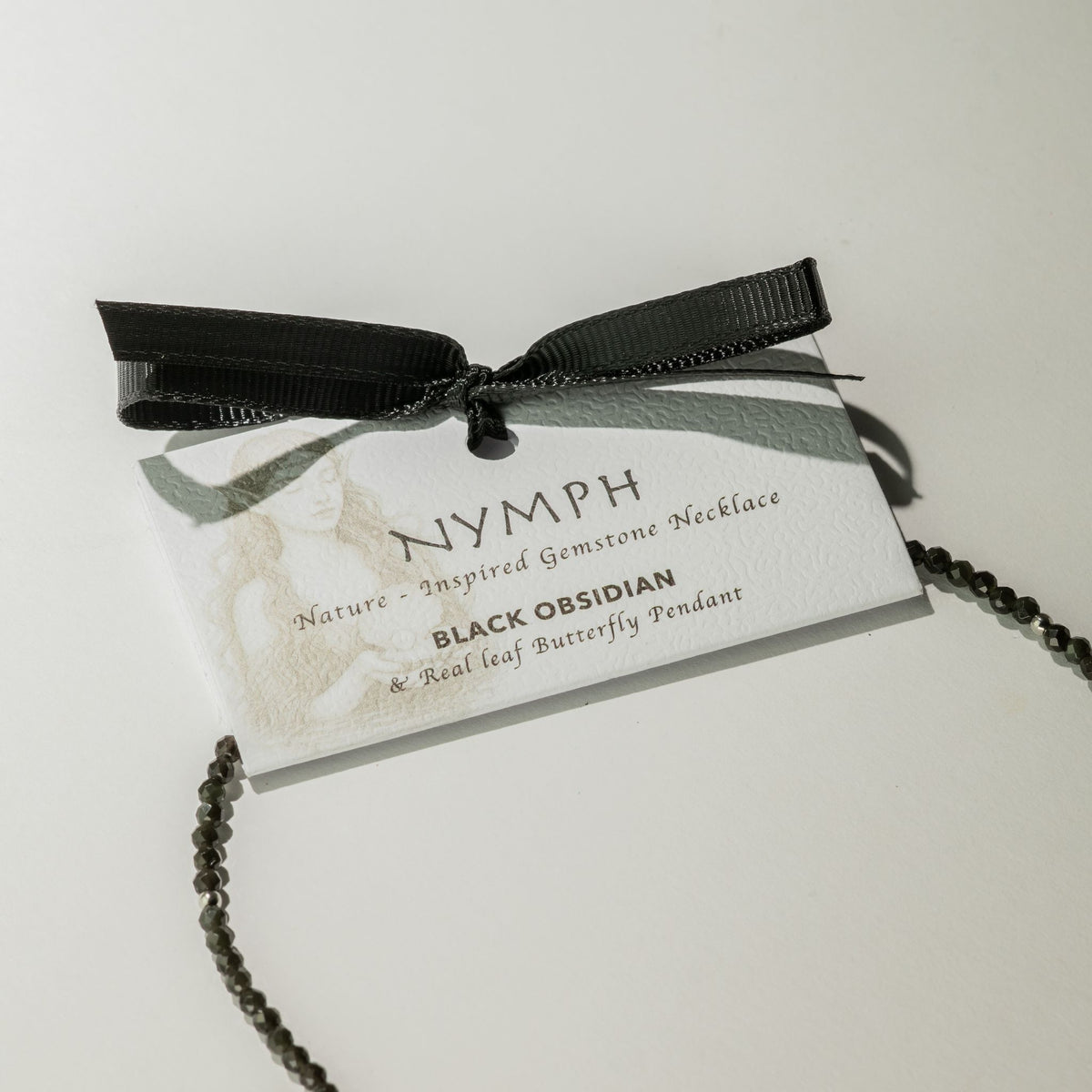 Nymph Black Obsidian necklace gift presentation card with black ribbon