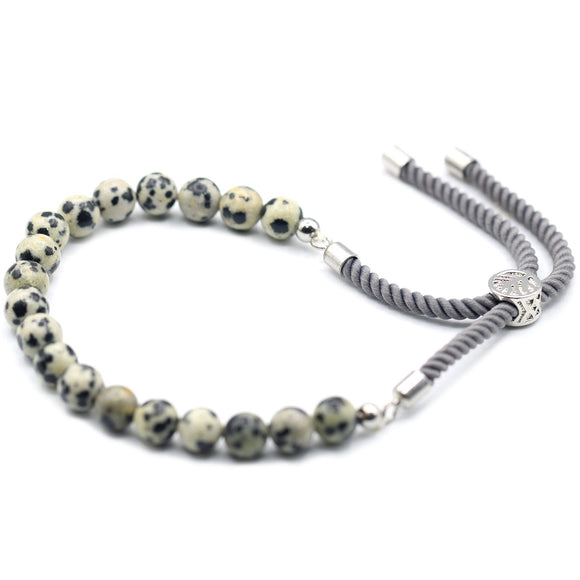 925 Silver Plated Crystal Charcoal String Bracelet - Dalmatian Jasper