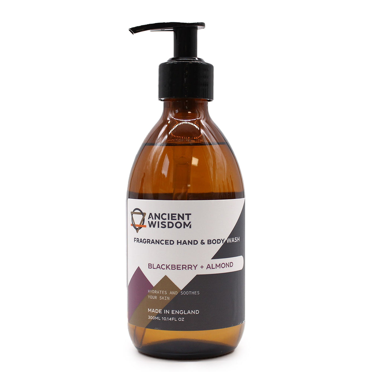 Brown bottle of Ancient Wisdom hand and body wash with pump on a white background