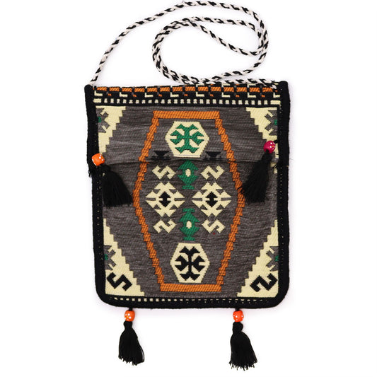 Grey Kilim messenger festival bag with geometric pattern