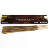 Incense sticks with their packaging labeled 'Frankincense & Myrrh' on a white background