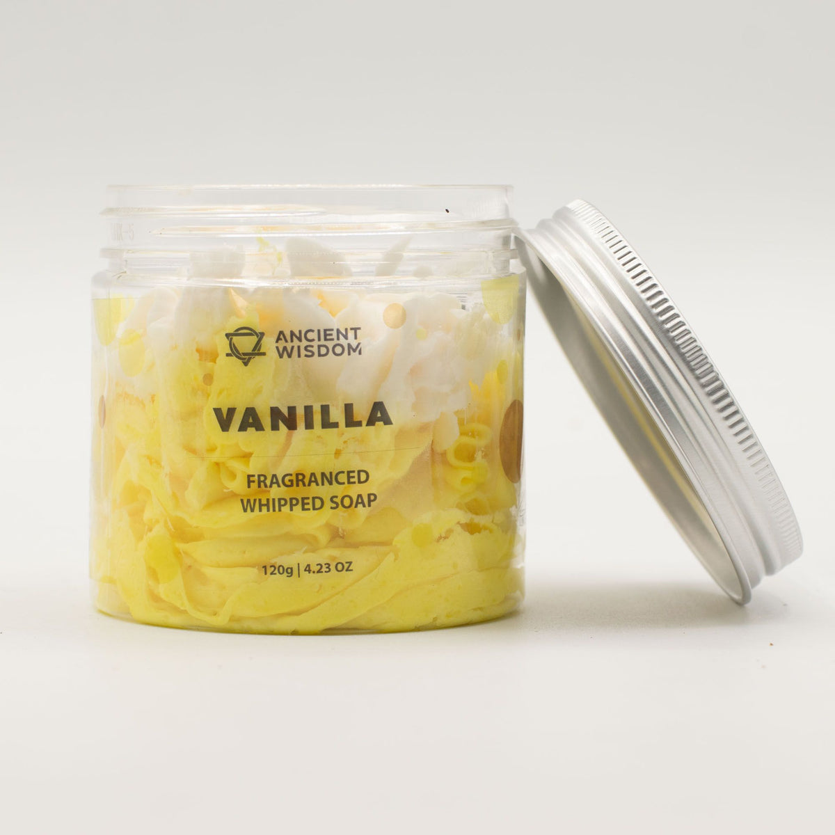 Vanilla Whipped Soap 120g jar with lid beside it