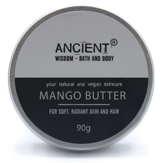 Mango butter container with 'Ancient Wisdom Bath and Body' branding on a white background
