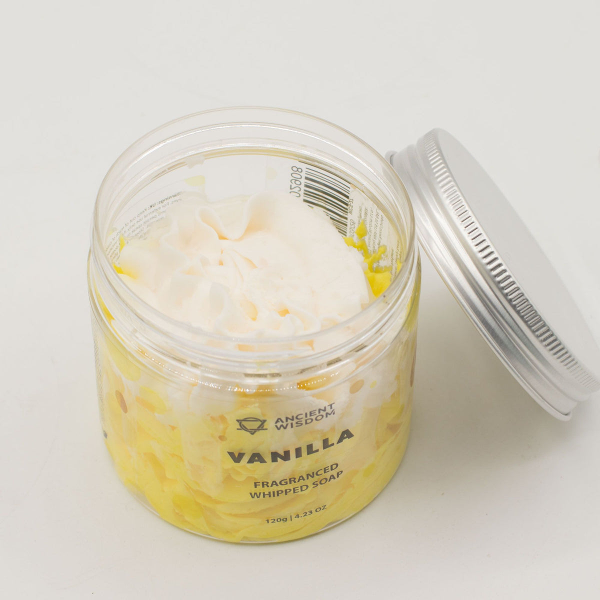 1. Open jar of Vanilla Whipped Soap showing whipped texture