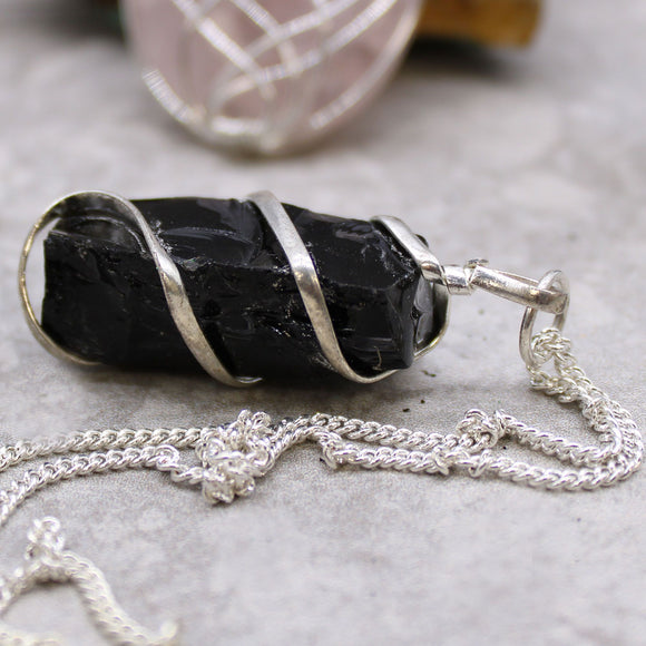 Cascade Wrapped Crystal Necklace - Rough Black Onyx