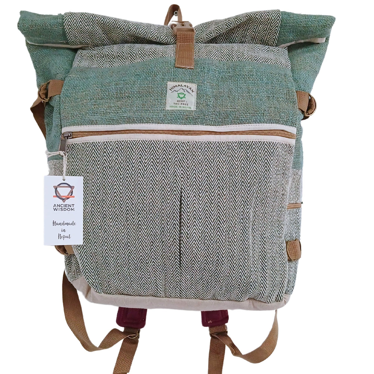 Front view of handmade sage green hemp and cotton backpack