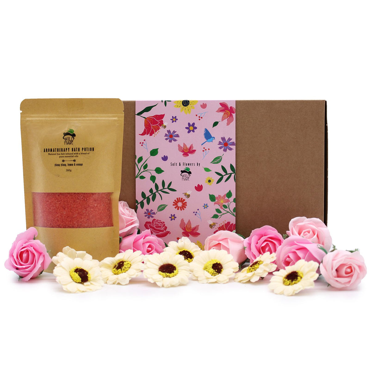 Passion bath salts with soap roses and sunflowers