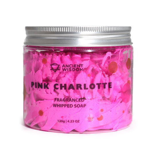 Pink jar of fragranced whipped soap with 'Ancient Wisdom' branding on a white background