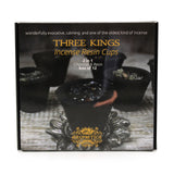 Three Kings Incense Resin Cups packaging with incense cups and branding on a white background