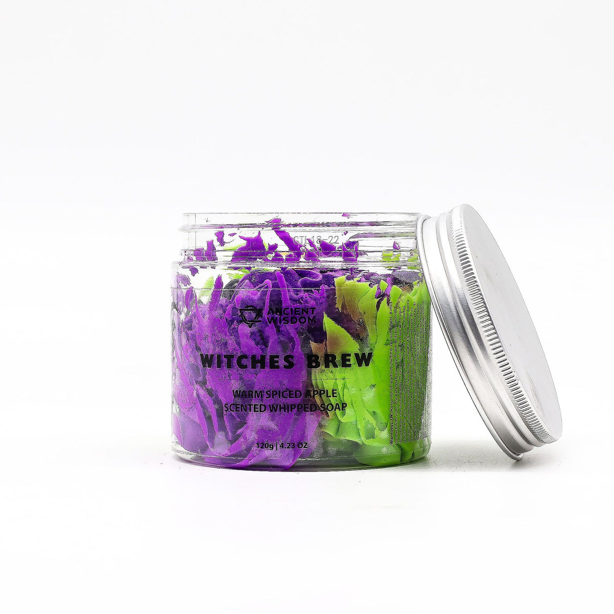 Witches Brew Warm Spiced Apple Whipped Soap with jar lid removed