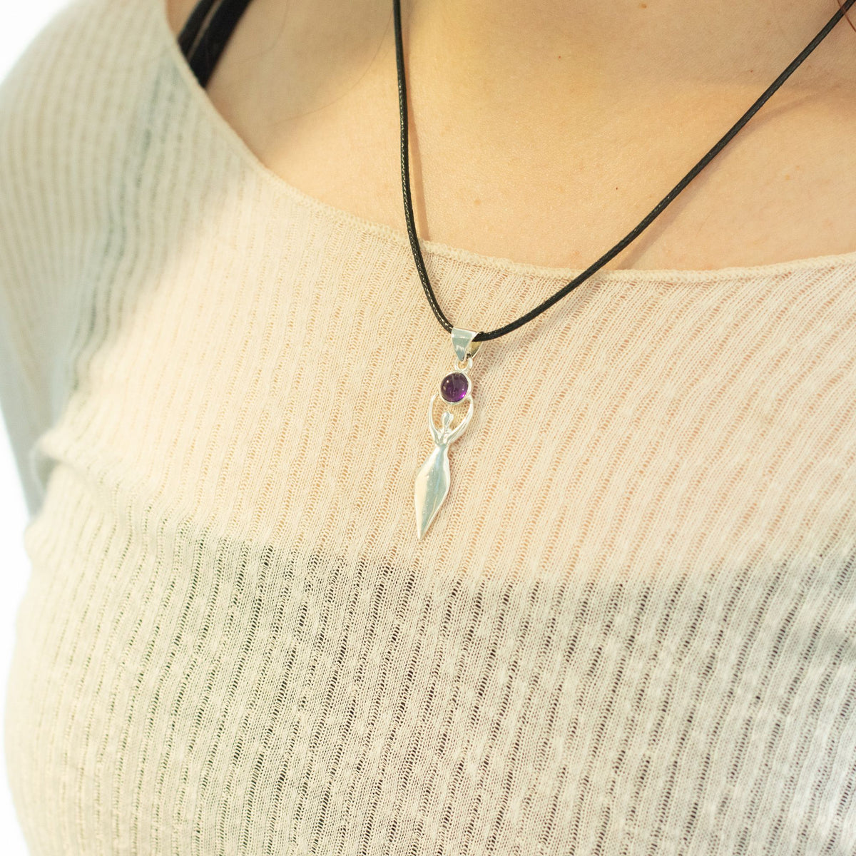 Goddess pendant necklace being worn