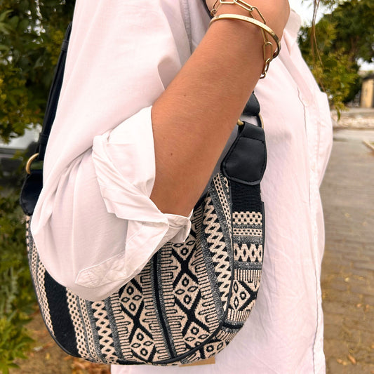 Jacquard Hobo Bag - Grey & Black