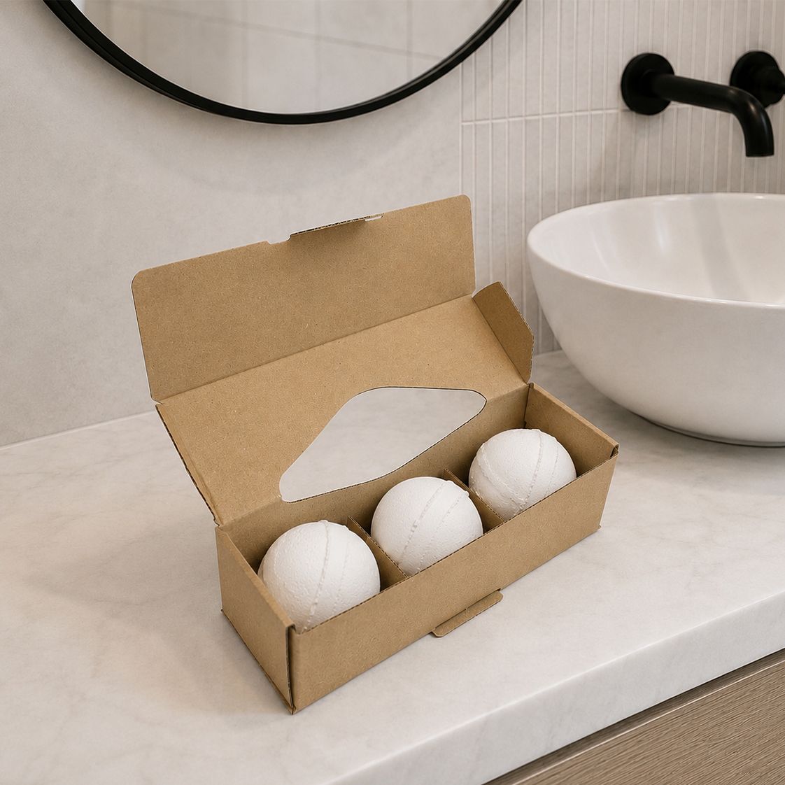 1. Gift boxed bath bombs displayed beside bathroom sink