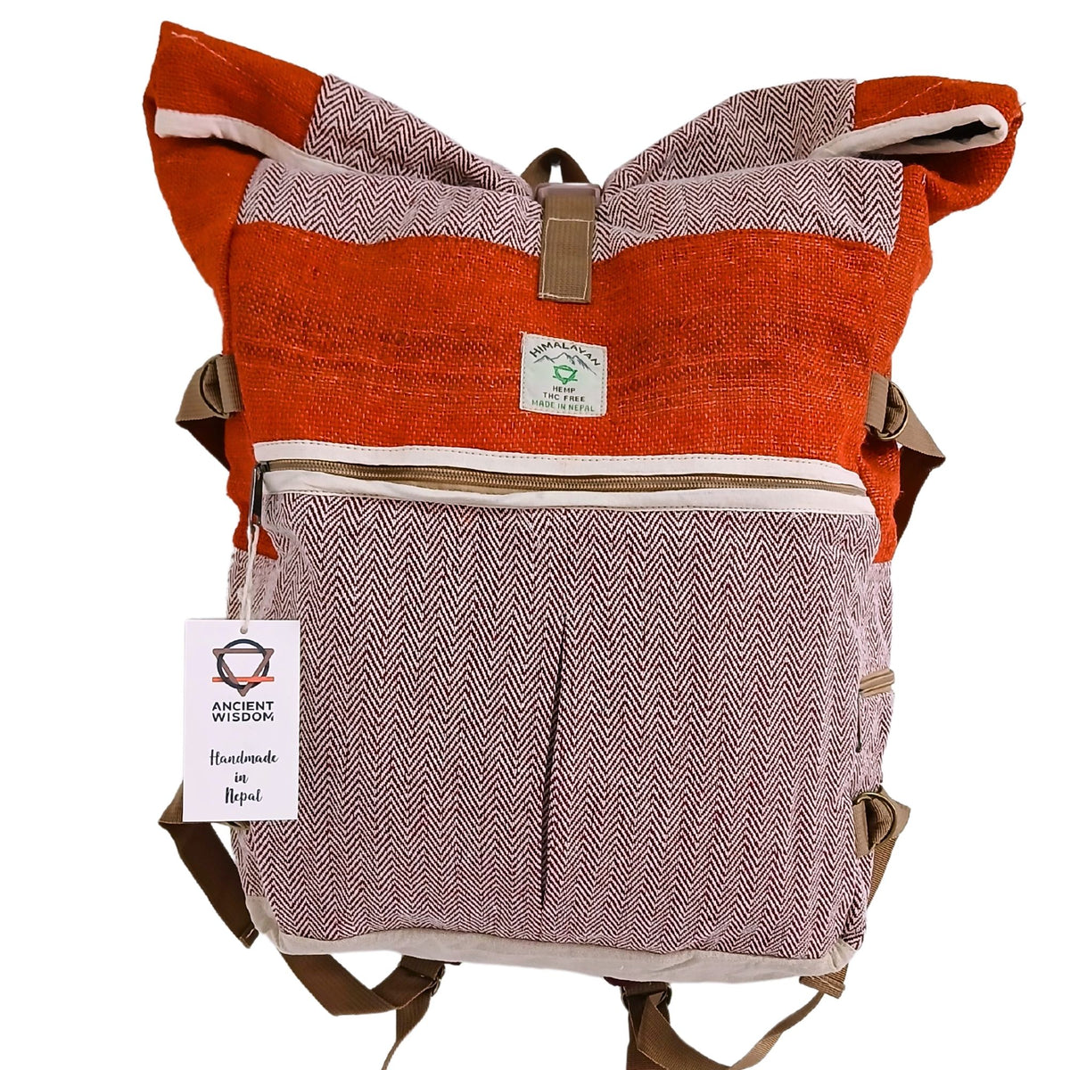 Sunset orange hemp and cotton roll top backpack with front zip pocket