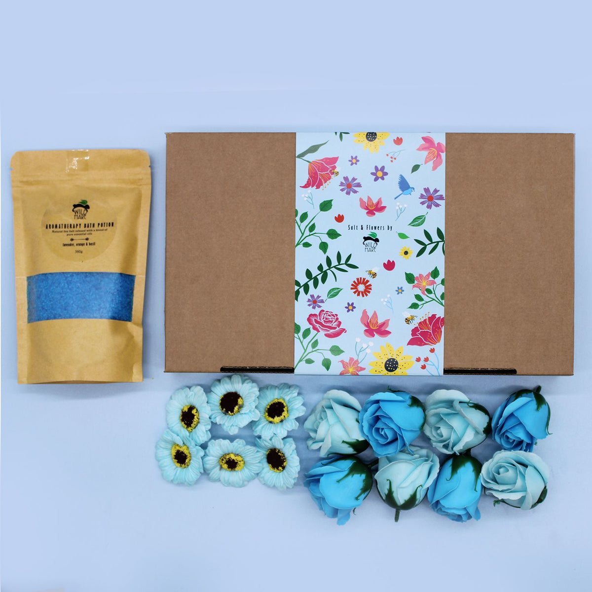 Wild Hare Total Unwind bath salts and soap flowers gift set