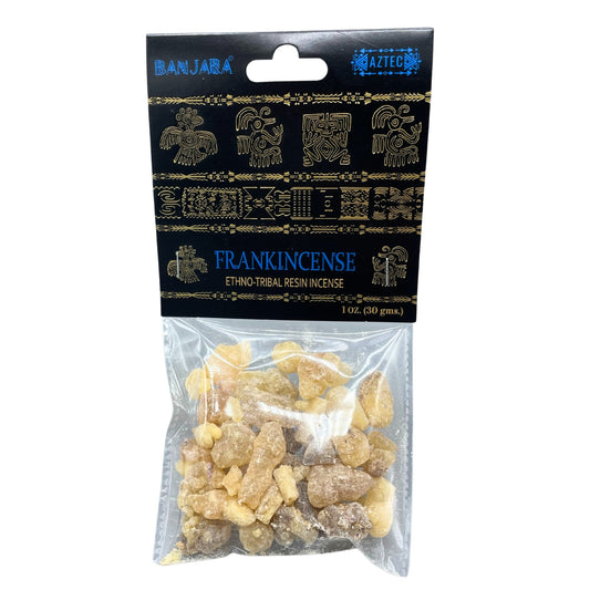 Packaged frankincense resin with 'Banjara' branding on a white background