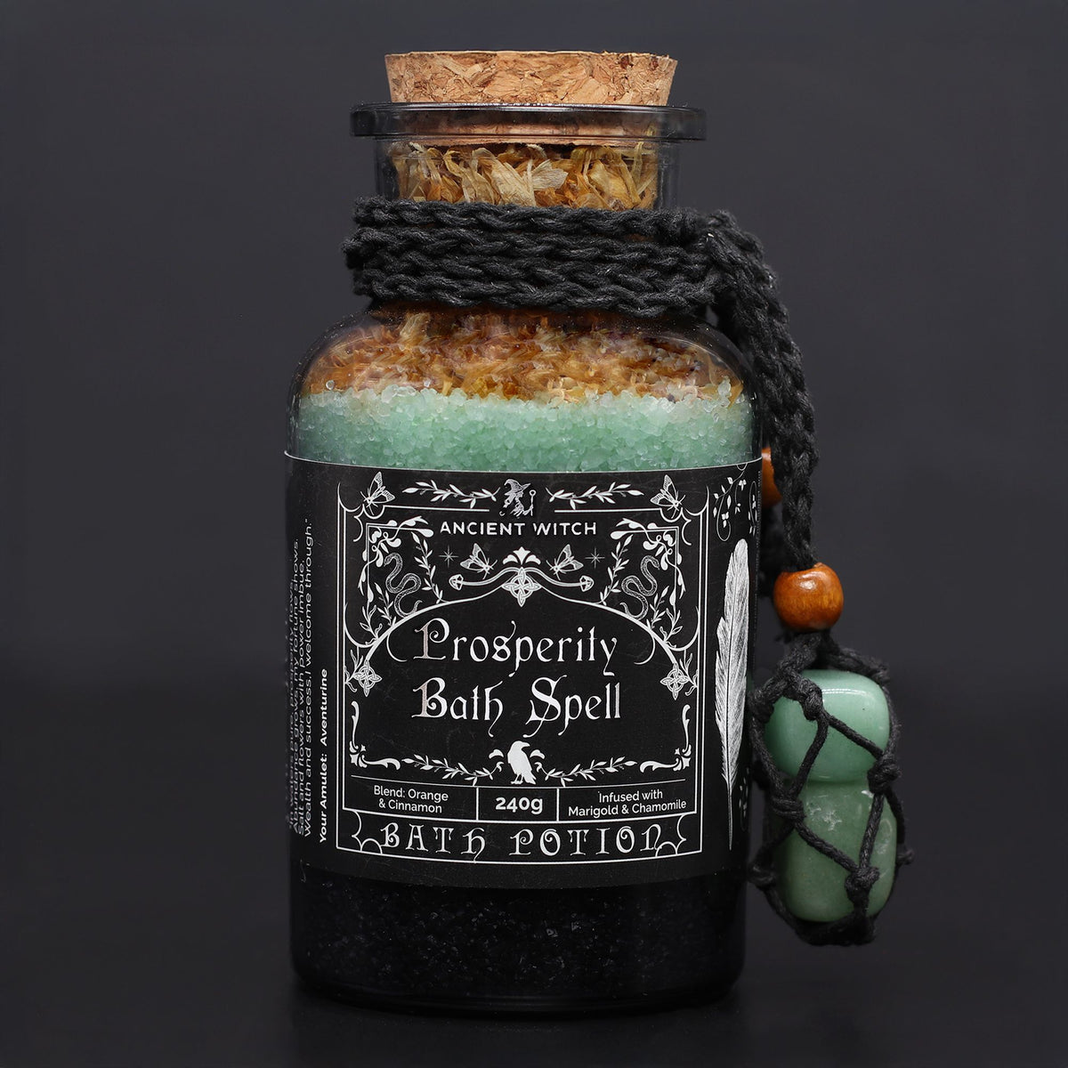 Ancient Witch Prosperity Bath Spell Potion with aventurine crystal amulet