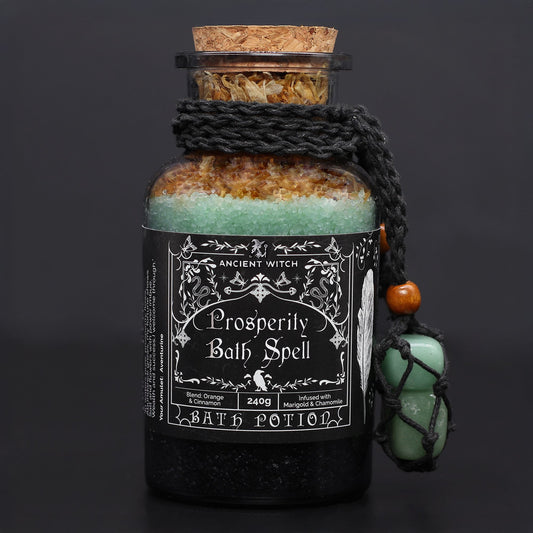 Ancient Witch Prosperity Bath Spell Potion with aventurine crystal amulet