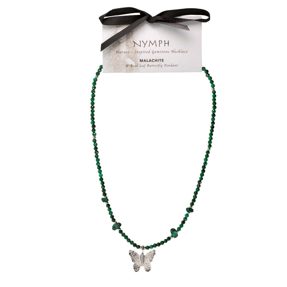 1. Nymph Malachite butterfly pendant necklace presented on branded display card