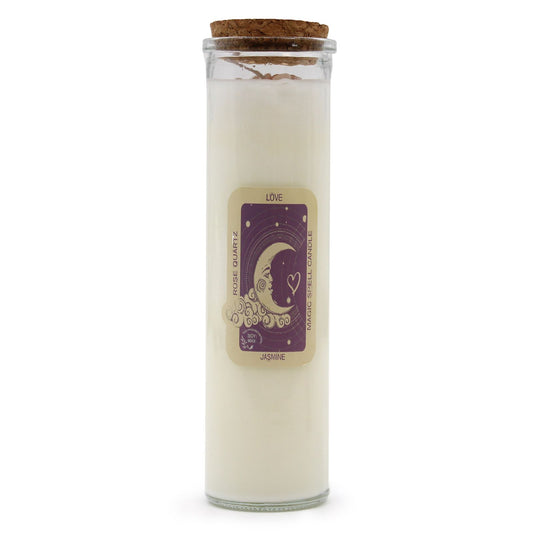 Candle in a glass jar with a cork lid and a purple label on a white background