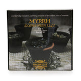Box of MYRRH Incense Resin Cups with branding and product images on a white background