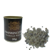 Incense resin canister with frankincense resin on a white background