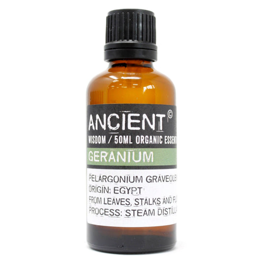 Geranium organic essential oil 50ml bottle by Ancient Wisdom