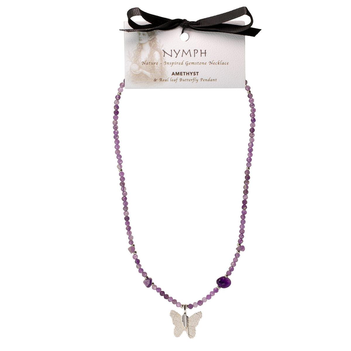 Nymph amethyst gemstone necklace presented on branded display card