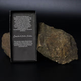 Lava stone with descriptive text on a black background
