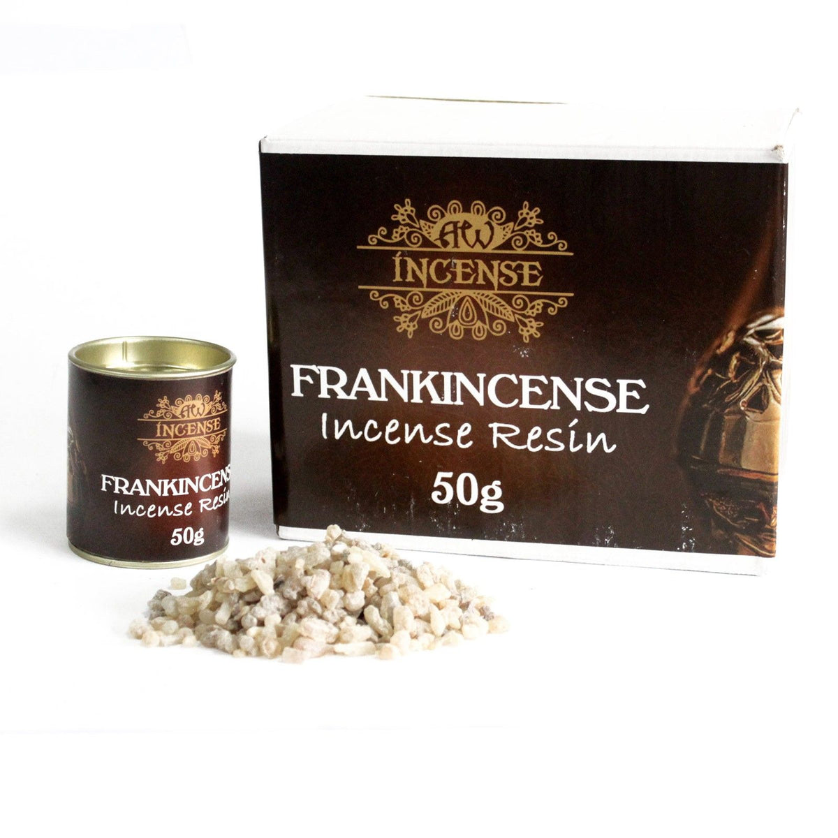 Frankincense incense resin with packaging on a white background