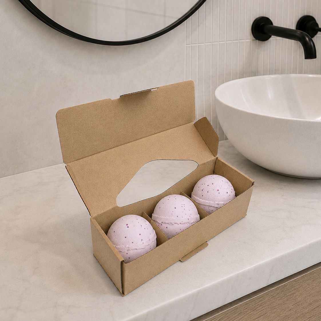 Decadence Potion Bath Bomb gift set displayed beside bathroom sink