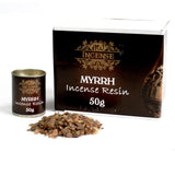 Myrrh incense resin with packaging on a white background