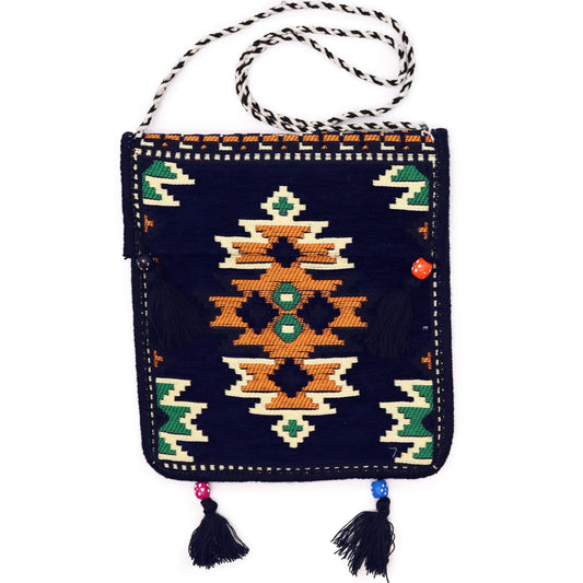 Embroidered pouch with geometric pattern on a white background