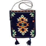 Embroidered pouch with geometric pattern on a white background