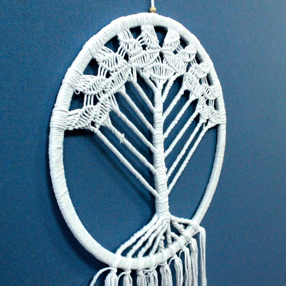 1. Close-up of white macrame Tree of Life dreamcatcher design